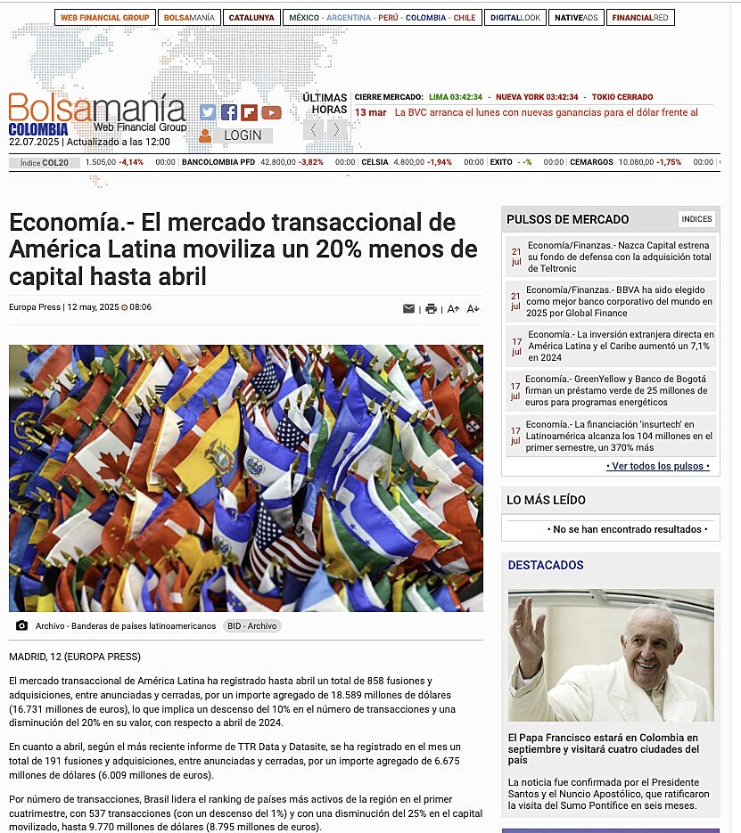 El mercado transaccional de Amrica Latina moviliza un 20% menos de capital hasta abril